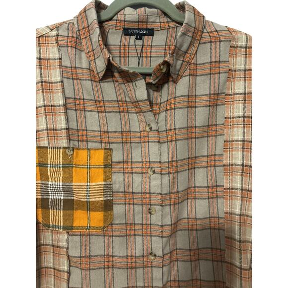 Papermoon Flannel Shirt Top Size Large Tan & Orange Mixed Plaids Raw Edges NWT - Picture 2 of 9